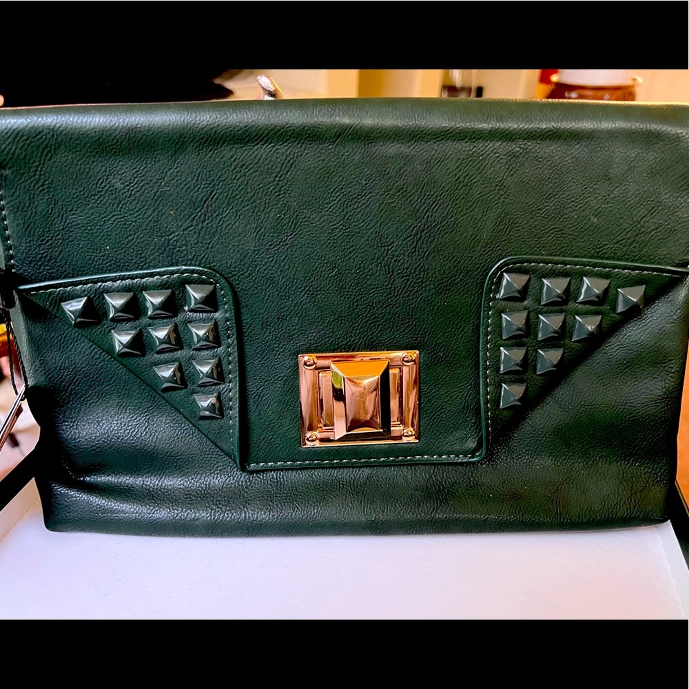 MMS design studio green clutch with gold hardware